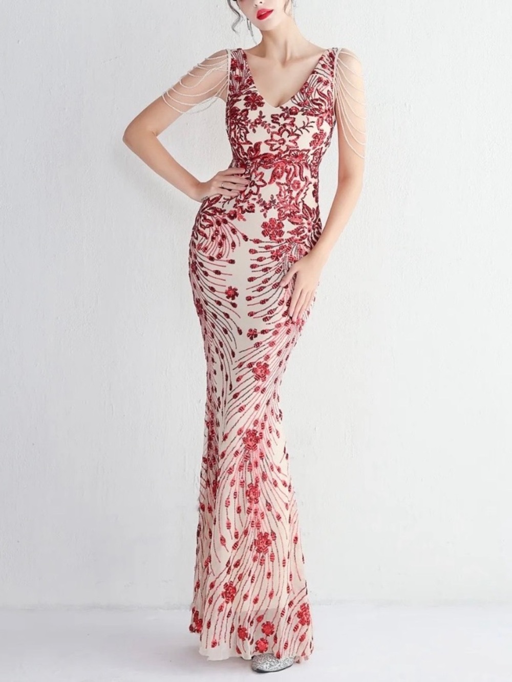 Kalinnu Sequin Floral Mermaid Gown – Champagne Mesh, Burgundy Print, Plunge Maxi